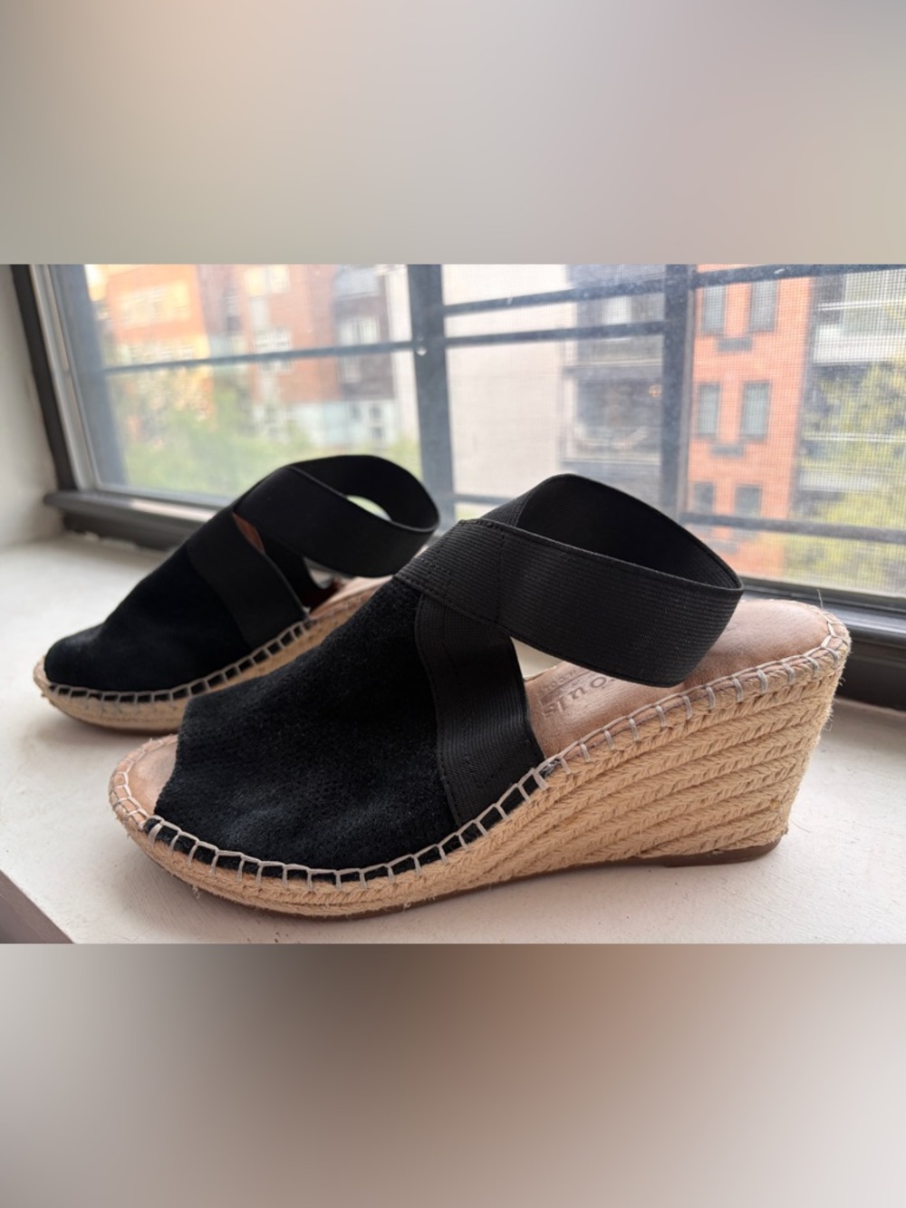 Kenneth Cole Black Suede Espadrille Wedge Sandals with Elastic Cross Straps